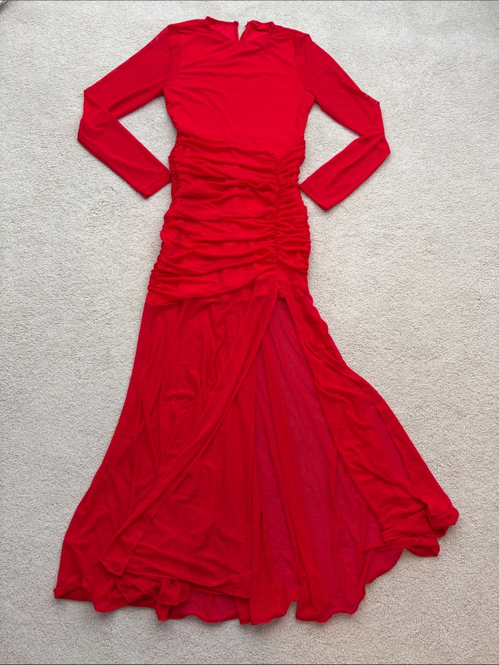 Red Long Sleeve Ruched Maxi Dress